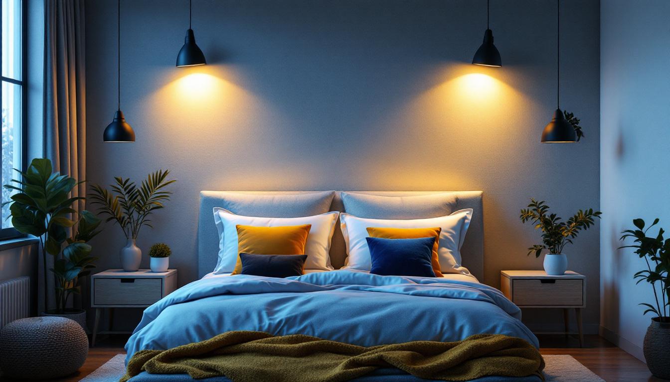 A photograph of a beautifully designed bedroom featuring stylish over-the-bed lighting that showcases the ambiance and functionality of the lights