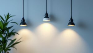 A photograph of a well-lit interior space showcasing three distinct led pot lights installed in a modern setting