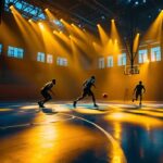 A photograph of a well-lit basketball court showcasing innovative lighting solutions