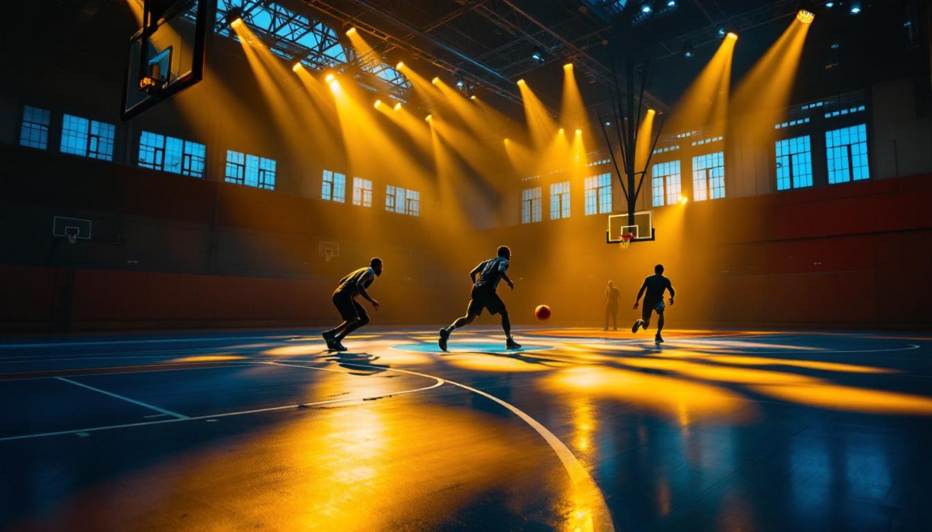 A photograph of a well-lit basketball court showcasing innovative lighting solutions