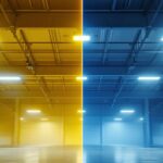 A photograph of a well-lit warehouse interior showcasing various lighting fixtures installed on the ceiling