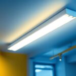 A photograph of a well-lit indoor space featuring a 2 ft fluorescent light fixture installed in a ceiling