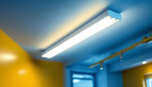 A photograph of a well-lit indoor space featuring a 2 ft fluorescent light fixture installed in a ceiling
