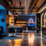 A photograph of a stylish salon interior showcasing various innovative lighting installations that highlight the ambiance and functionality of the space