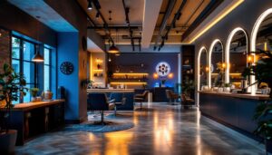 A photograph of a stylish salon interior showcasing various innovative lighting installations that highlight the ambiance and functionality of the space