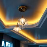 A photograph of a stylishly designed false ceiling featuring elegant lamps