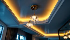 A photograph of a stylishly designed false ceiling featuring elegant lamps