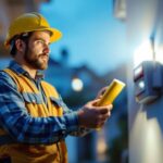 A photograph of a lighting contractor installing a motion sensor in a residential or commercial setting