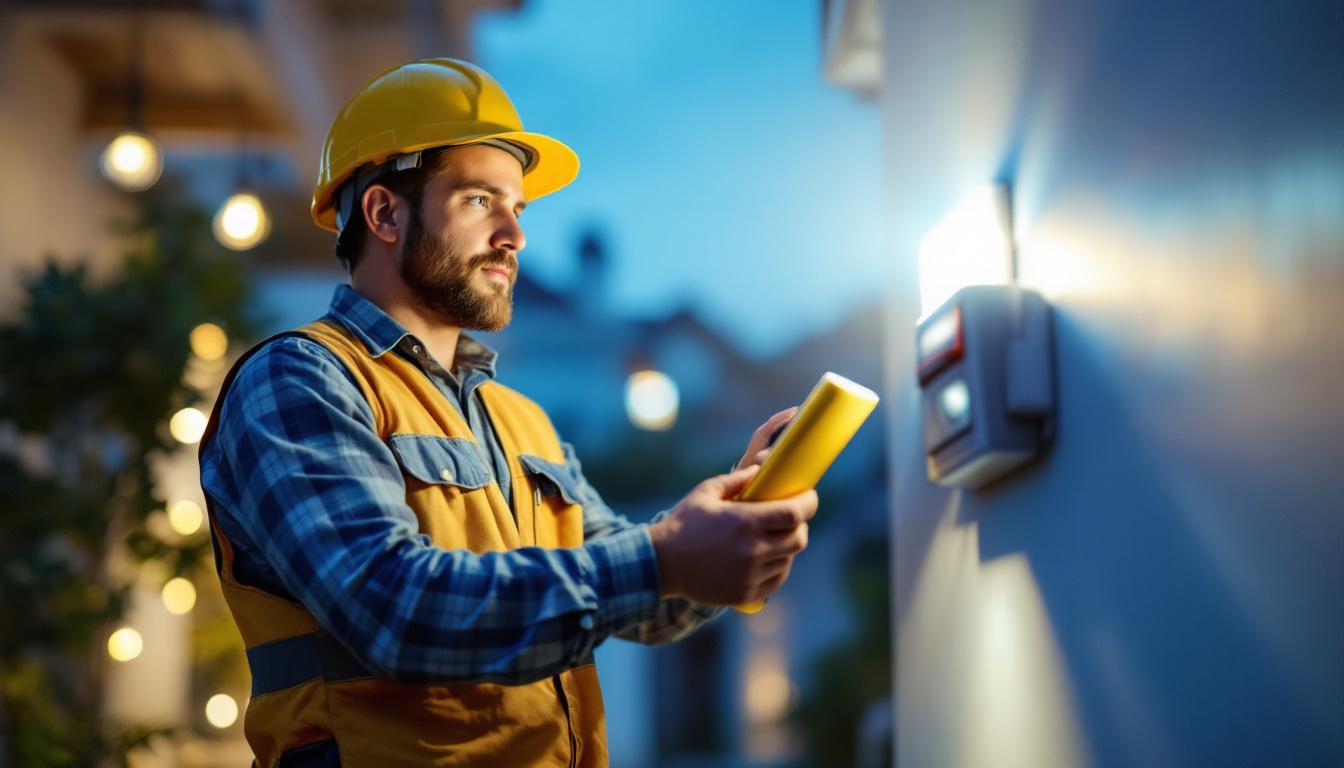 A photograph of a lighting contractor installing a motion sensor in a residential or commercial setting