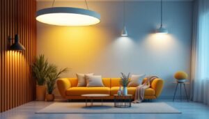 A photograph of a beautifully designed interior space showcasing various lighting fixtures