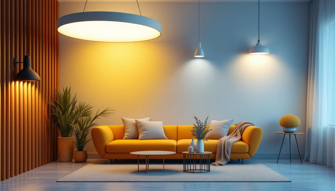A photograph of a beautifully designed interior space showcasing various lighting fixtures