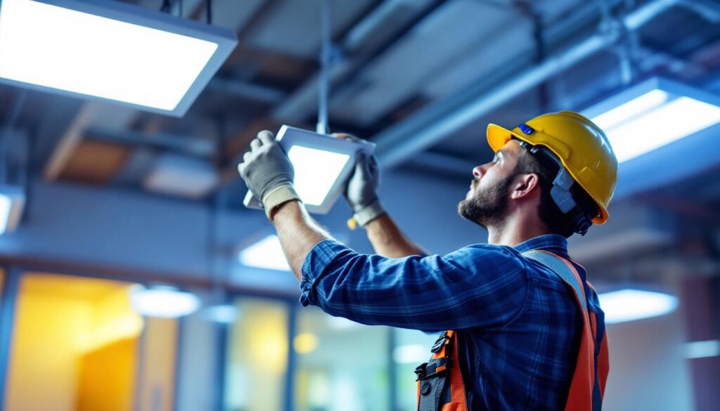 A photograph of a lighting contractor installing or adjusting troffer led lights in a commercial space