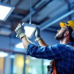 A photograph of a lighting contractor installing or adjusting troffer led lights in a commercial space