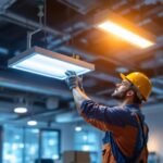A photograph of a well-lit workspace featuring a 2 x 4 led fixture installed in a commercial setting