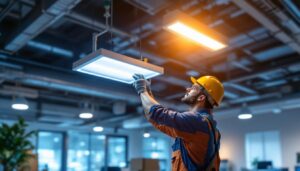 A photograph of a well-lit workspace featuring a 2 x 4 led fixture installed in a commercial setting