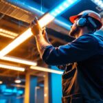A photograph of a lighting contractor installing led grid lights in a commercial space