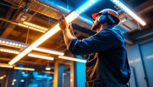 A photograph of a lighting contractor installing led grid lights in a commercial space