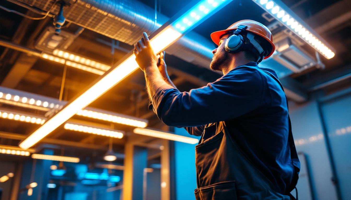 A photograph of a lighting contractor installing led grid lights in a commercial space