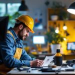 A photograph of a lighting contractor evaluating various lighting options
