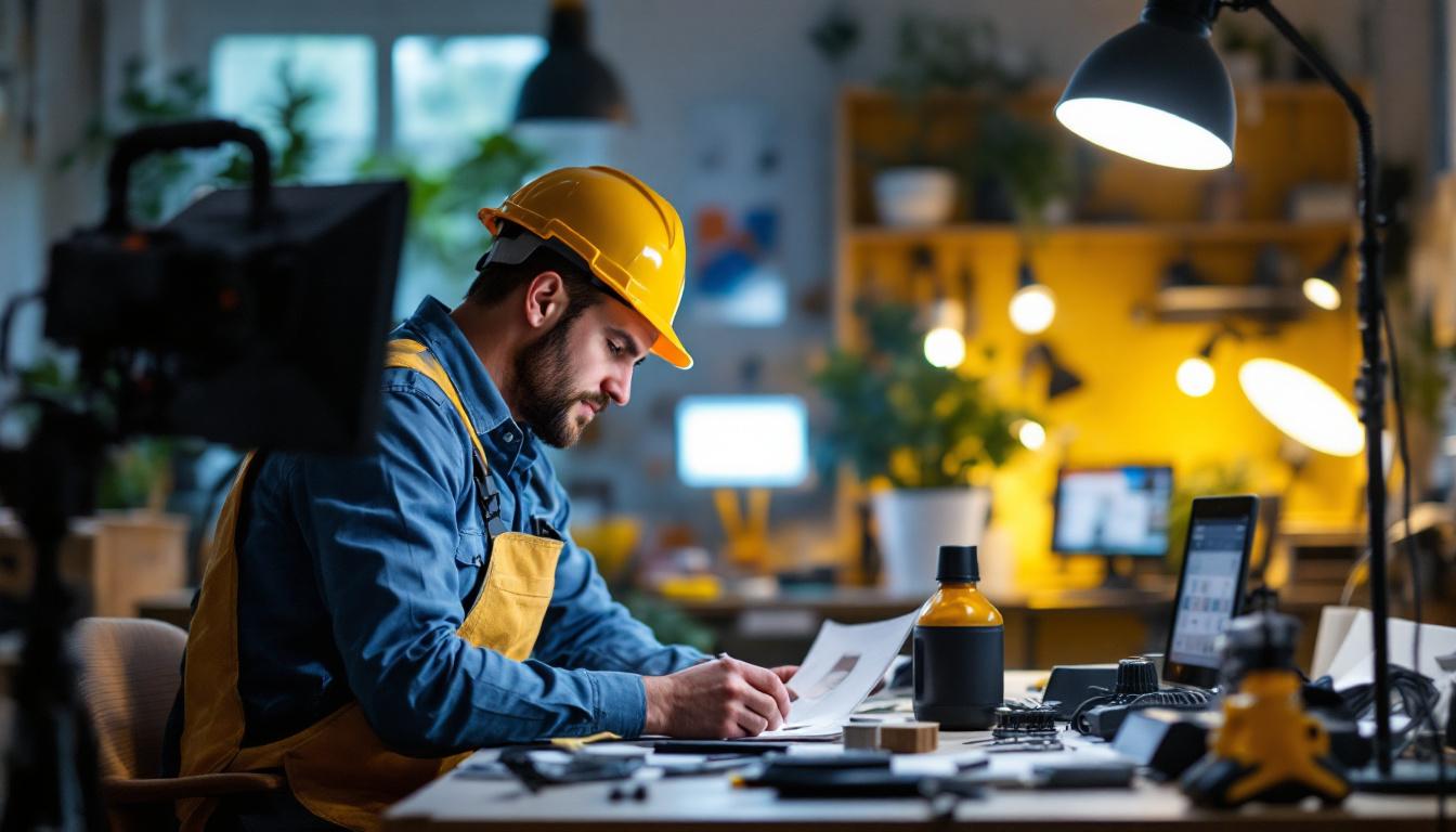 A photograph of a lighting contractor evaluating various lighting options