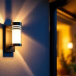 A photograph of a well-lit outdoor setting showcasing a stylish led wall sconce installed on a home or building