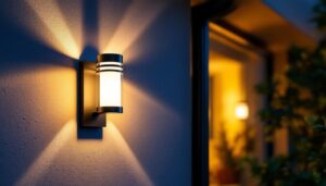 A photograph of a well-lit outdoor setting showcasing a stylish led wall sconce installed on a home or building