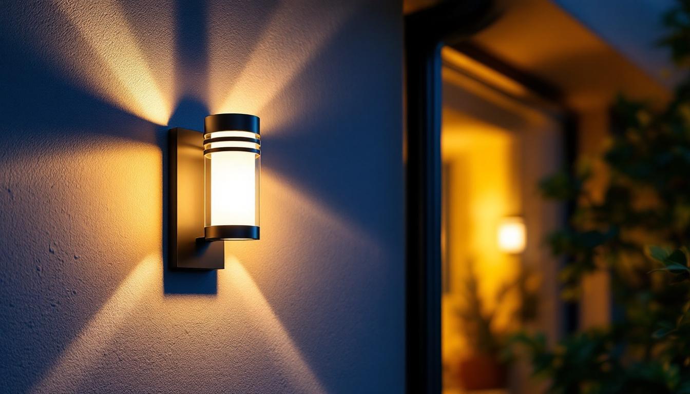 A photograph of a well-lit outdoor setting showcasing a stylish led wall sconce installed on a home or building