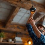 A photograph of a beautifully designed barn-style light fixture hanging in a rustic setting