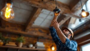 A photograph of a beautifully designed barn-style light fixture hanging in a rustic setting