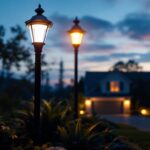 A photograph of a beautifully illuminated driveway light post in a residential setting at dusk