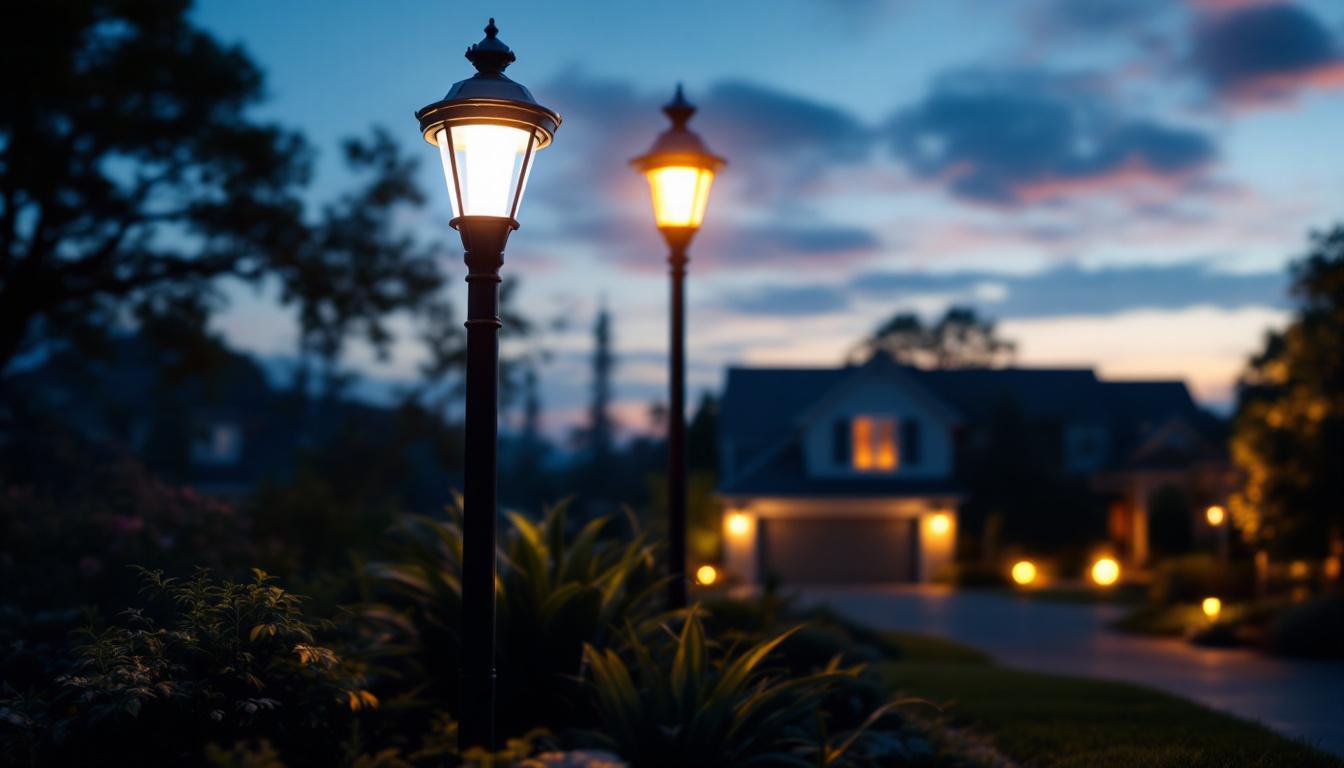 A photograph of a beautifully illuminated driveway light post in a residential setting at dusk