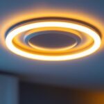 A photograph of a close-up shot of a stylish 6-inch can light trim ring installed in a ceiling