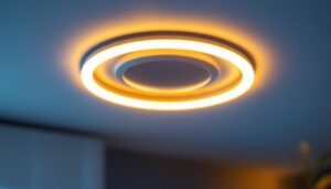 A photograph of a close-up shot of a stylish 6-inch can light trim ring installed in a ceiling
