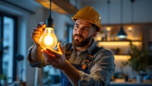 A photograph of a lighting contractor expertly installing a b type light bulb in a modern residential setting