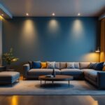A photograph of a stylish living room featuring modern recessed lighting that highlights the space's design
