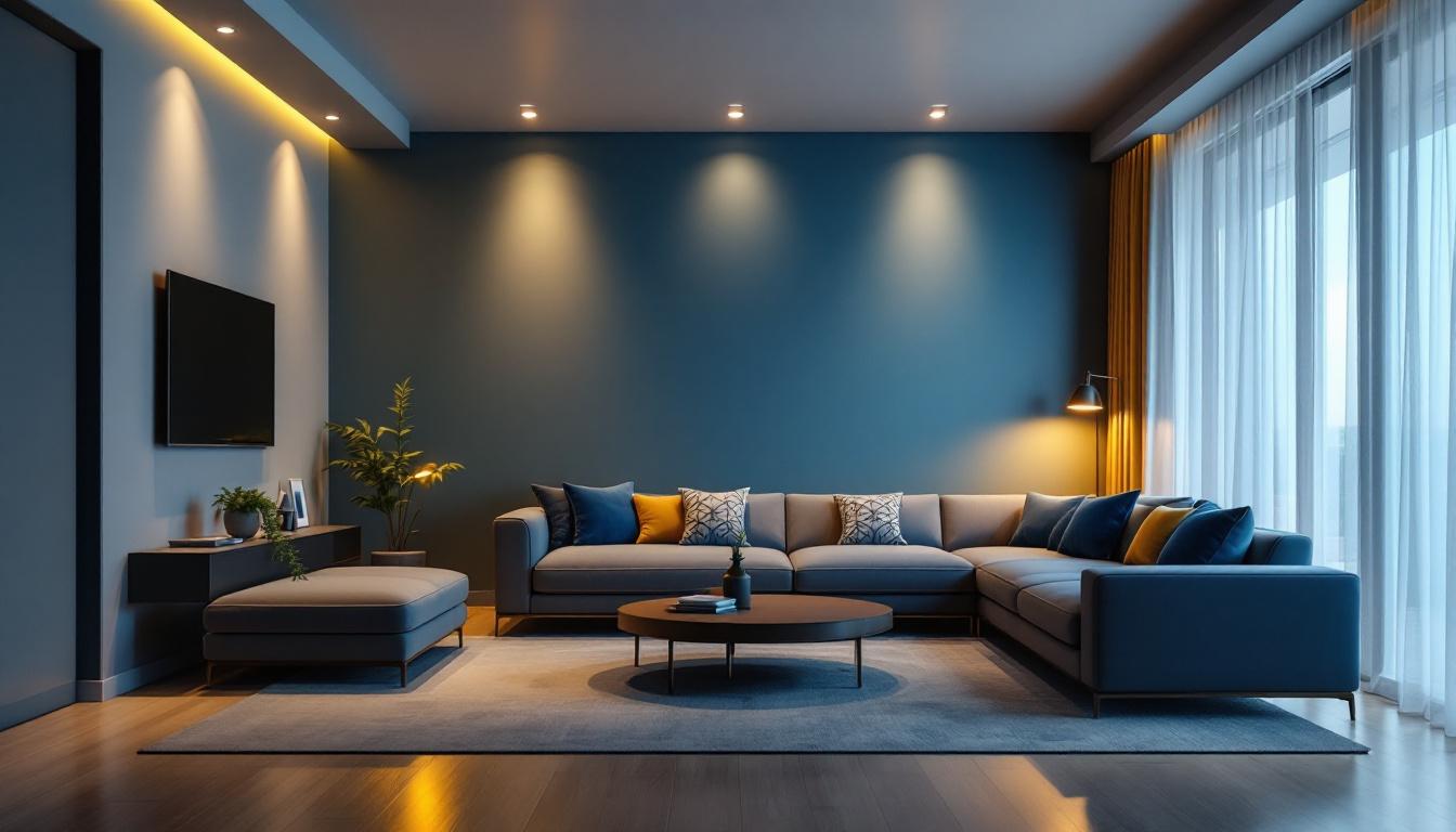 A photograph of a stylish living room featuring modern recessed lighting that highlights the space's design