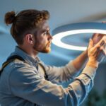 A photograph of a skilled lighting contractor expertly installing or adjusting a stylish circular light fixture in a modern interior space