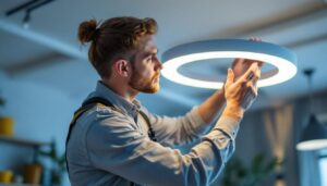 A photograph of a skilled lighting contractor expertly installing or adjusting a stylish circular light fixture in a modern interior space