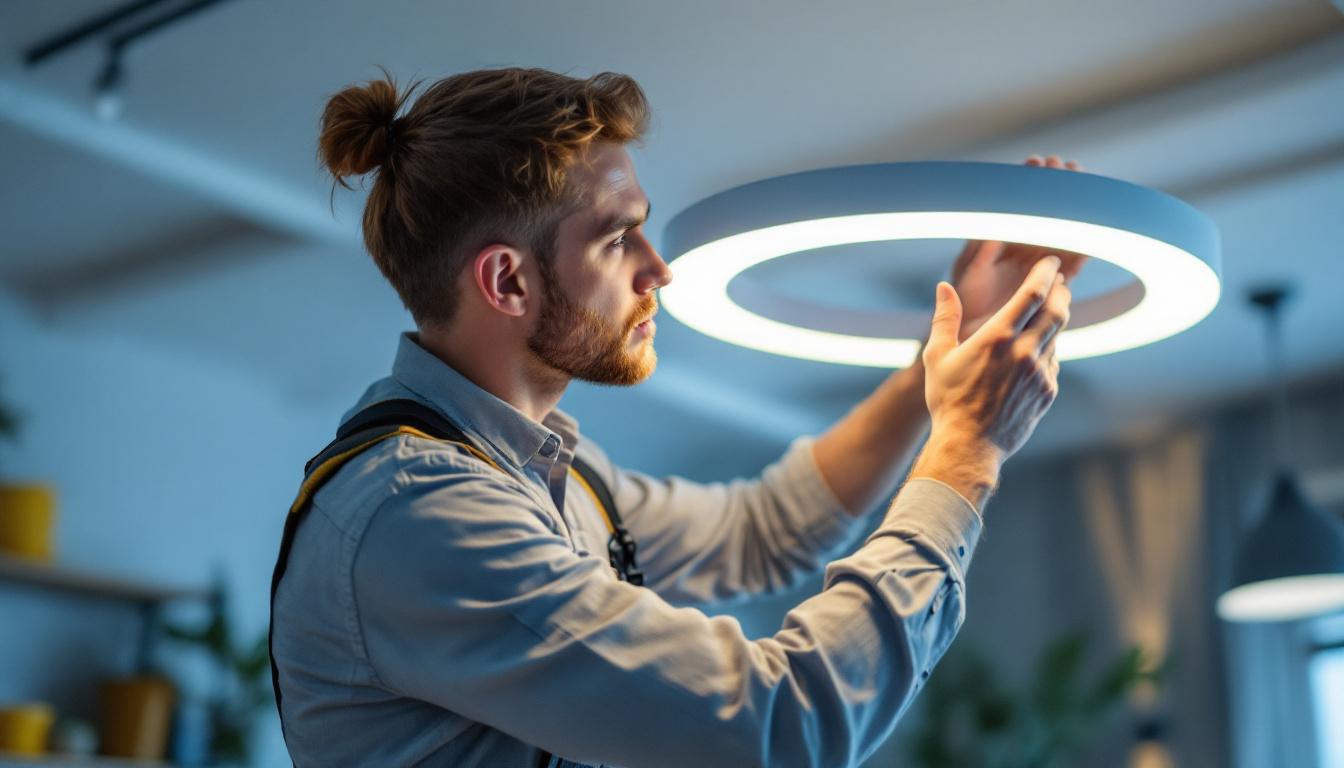 A photograph of a skilled lighting contractor expertly installing or adjusting a stylish circular light fixture in a modern interior space