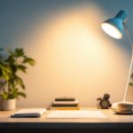 A photograph of a modern 200-watt led lamp in a well-lit workspace