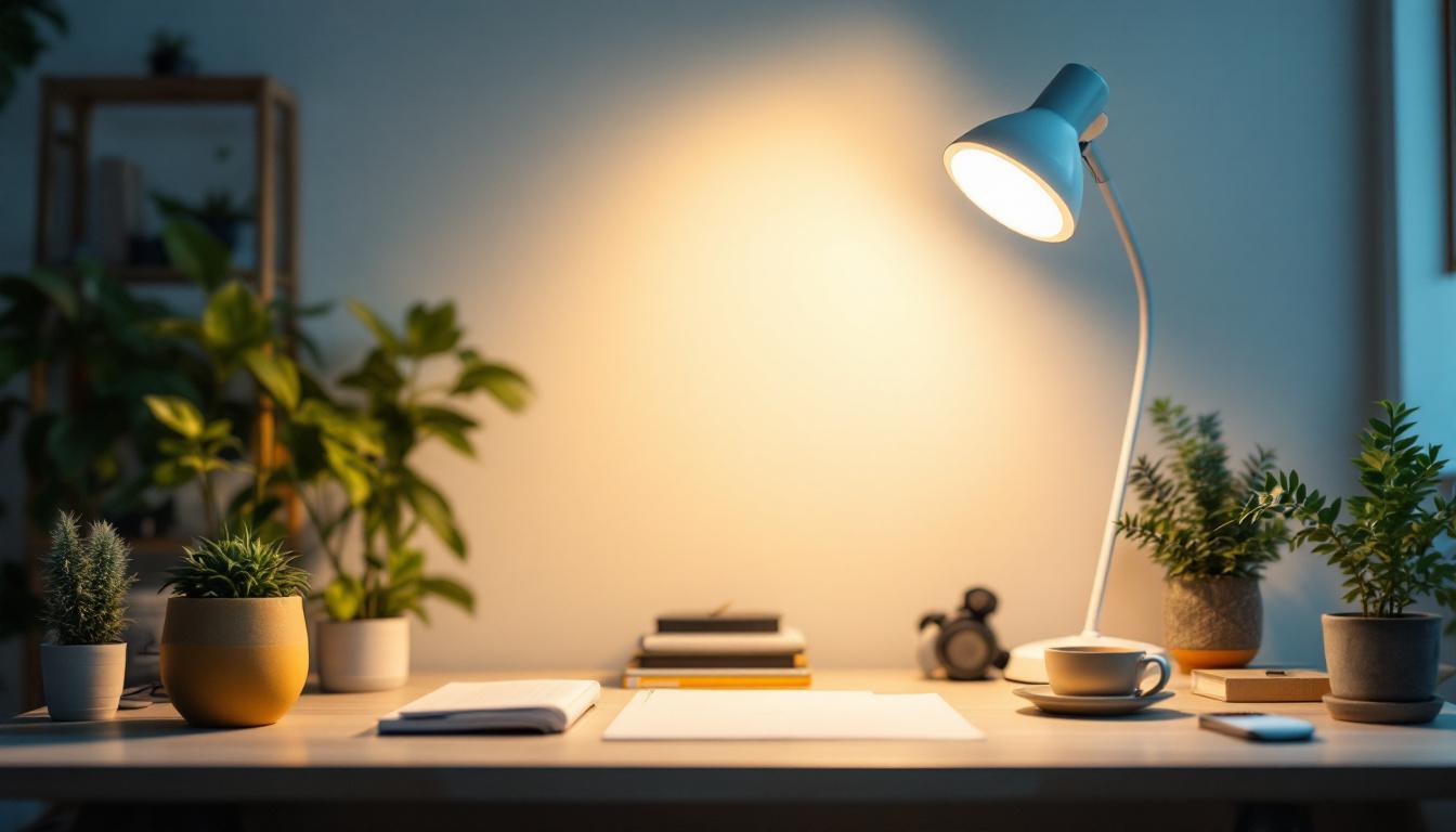 A photograph of a modern 200-watt led lamp in a well-lit workspace