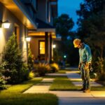 A photograph of a well-lit outdoor space featuring motion-activated security lights in action