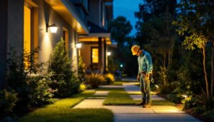 A photograph of a well-lit outdoor space featuring motion-activated security lights in action