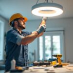 A photograph of a lighting contractor efficiently installing a ceiling light trim ring in a well-lit room