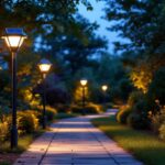 A photograph of a beautifully illuminated outdoor space featuring solar lights mounted on poles