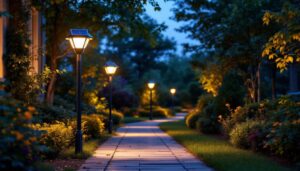 A photograph of a beautifully illuminated outdoor space featuring solar lights mounted on poles
