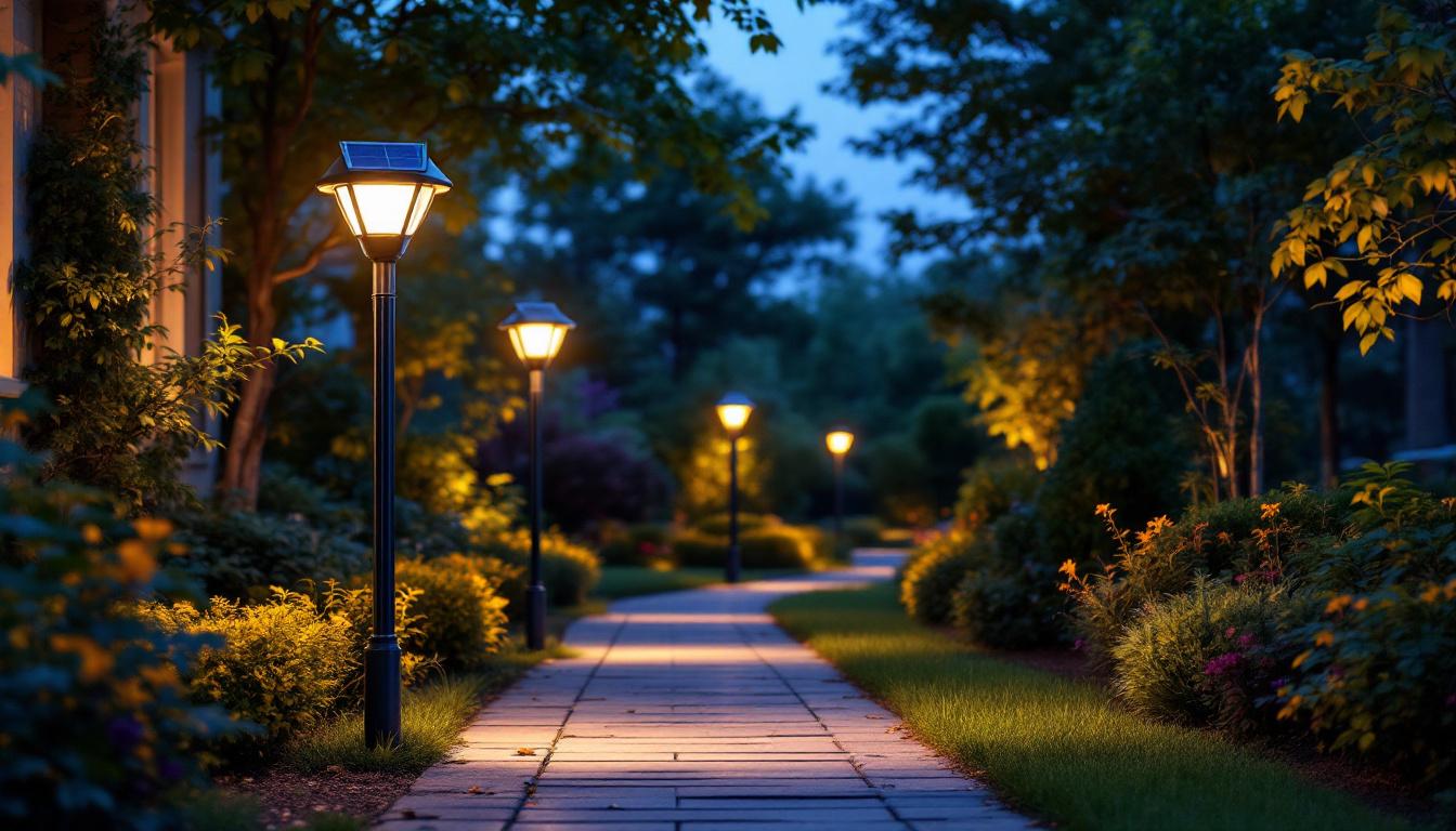 A photograph of a beautifully illuminated outdoor space featuring solar lights mounted on poles