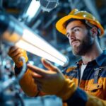 A photograph of a lighting contractor installing or inspecting a compact fluorescent lamp with a focus on the ballast