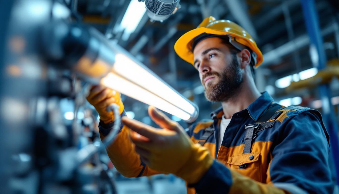 A photograph of a lighting contractor installing or inspecting a compact fluorescent lamp with a focus on the ballast