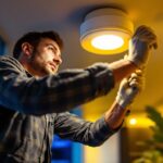 A photograph of a lighting contractor installing 6-inch led recessed lights in a modern home setting